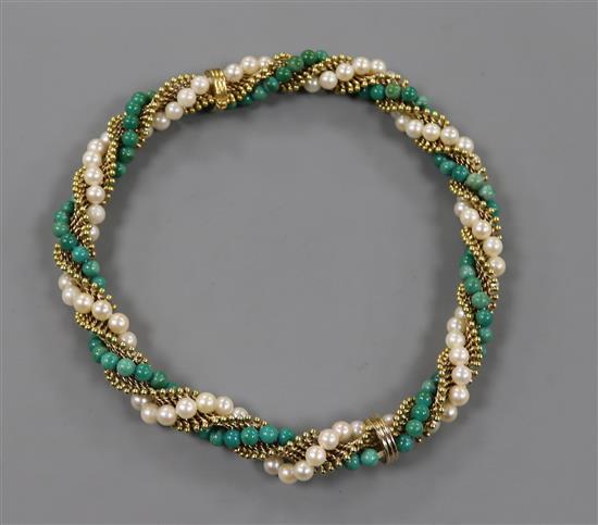 A 1960s 18ct gold, turquoise? and cultured pearl bead choker necklace which can be adapted to wear as two bracelets, approx. 36cm.
